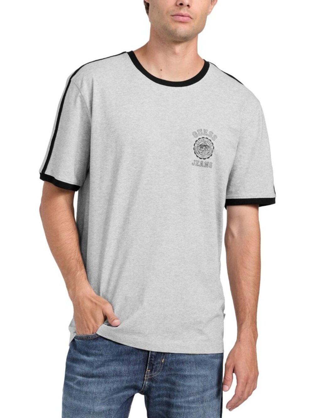 Guess Men's Tipped Logo Ringer T-Shirt - Heather Gray NWT - Picture 3 of 6
